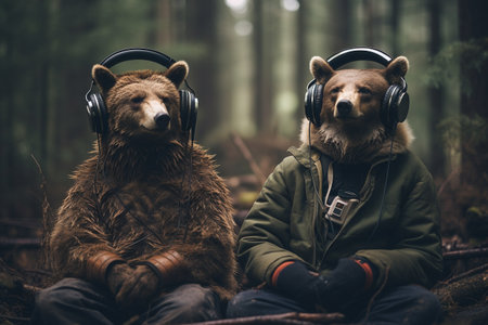 Anthropomorphic animals, playful, human like characters, emotions, endearing personalities, fantasy reality, daily routine, go to school, listen to music, phone, have a breakfast, drink at barの素材