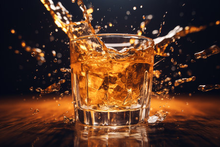 Whiskey, scotch, cognac, brandy, booze ice cube coctail liquor rum drinking high alcohol irish nightclub spirit glass. banner copy space poster background.の素材