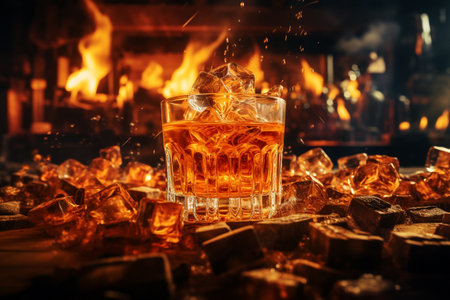 Whiskey, scotch, cognac, brandy, booze ice cube coctail liquor rum drinking high alcohol irish nightclub spirit glass. banner copy space poster background.の素材