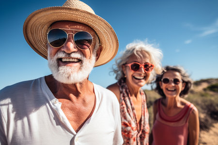 Happy retirees, pensioners. summer vacation holidays beach, ship and sea, cocktails, travel, happy old age, enjoying life. Grandmother and grandfather, grandparentsの素材