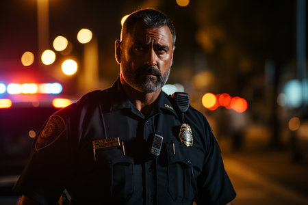 Police, public authority engaged in protection of public order and combat offenses, law enforcement agencies mechanism of state. policeman or policewoman, uniform safety badge cap securityの素材