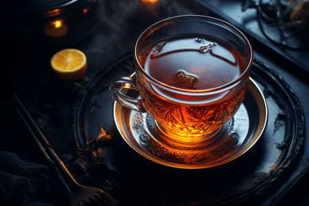 Herbata a drink obtained by brewing, boiling or infusing prepared tea leaves beloved beverage black green warm hot beautiful cozy aromatic autumn relax ceremony calm ritual copy space poster bannerの素材