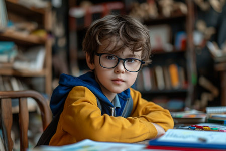 school children girl bboy study, happy pretty cute cool, glasses, backpack apple pen pencil books notebooks student writing kid classroom intellect primary start and end of school bellの素材