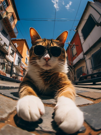 cute, funny, happy, adorable cat, kitty on the beach with humorous sunglasses. summertime, beach palm tree, heat relax, vacationの素材