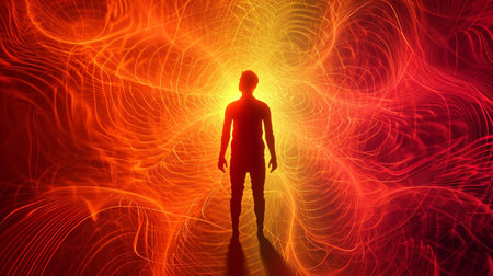 Electromagnetic field around man woman person, combination of invisible electric and magnetic fields of force, colorful Earth, wave, science future physics, sphere circularの素材