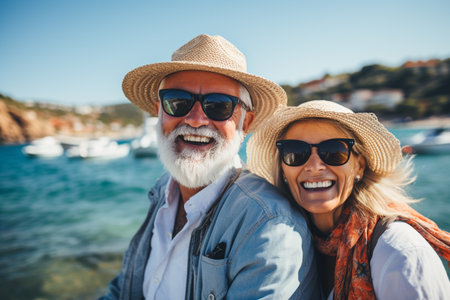 Happy retirees, pensioners. summer vacation holidays beach, ship and sea, cocktails, travel, happy old age, enjoying life. Grandmother and grandfather, grandparentsの素材