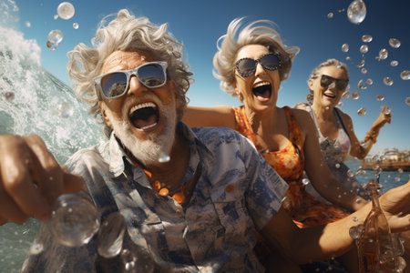 Happy retirees, pensioners. summer vacation holidays beach, ship and sea, cocktails, travel, happy old age, enjoying life. Grandmother and grandfather, grandparentsの素材