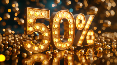 Text 50 fifty percent sale for banner, copy space, background, greeting card, poster, super gold big promo coupon discount, present gift, price, marketingの素材