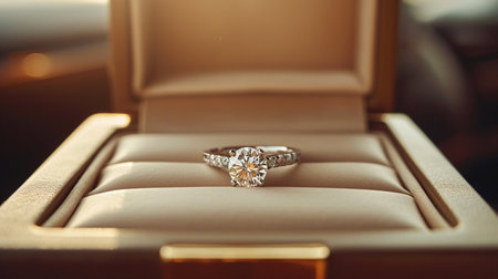 Engagement ring piece of jewelry, romantic relationship, decision to get married, precious gemstone, diamond, love, bride and groom couple ceremony box luxuryの素材