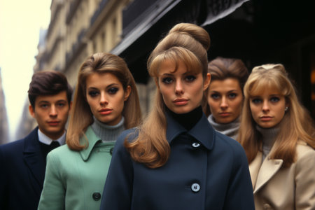 Fashion style of 1960s 1970s years, seventies sixties, elegance pretty cute beautiful retro pop smiling dress glamor, back in past, nostalgia, cool funnyの素材