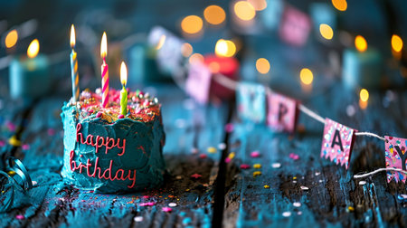 happy birthday text banner poster greeting card copy space background cake balloons party celebration, congratulating, present colors funny enjoy blessings holiday giftの素材