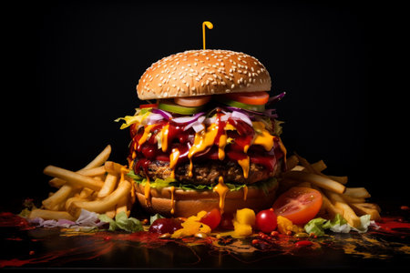 fast food junk food hamburger burger tasty fat not good beef meat, French fries, unhealthy enjoy relax, eat speed delicious dinner, lunch juicy, classicの素材