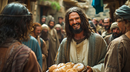 Jesus Christ gives bread to poor people, kindness and selflessness, central figure in Christianity, faith hands food eat pray God catholicism biblical love man spiritual goodの素材