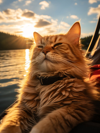cute, funny, happy, adorable cat, kitty on the beach with humorous sunglasses. summertime, beach palm tree, heat relax, vacationの素材