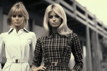 Fashion style of 1960s 1970s years, seventies sixties, elegance pretty cute beautiful retro pop smiling dress glamor, back in past, nostalgia, cool funnyの素材
