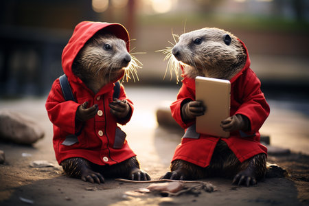 Anthropomorphic animals, playful, human like characters, emotions, endearing personalities, fantasy reality, daily routine, go to school, listen to music, phone, have a breakfast, drink at barの素材