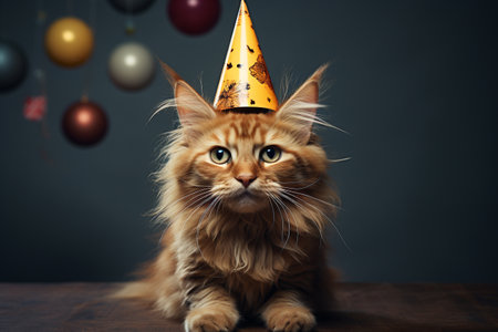 Birthday cat kitty funny cute pretty happy small animal playful festive hat celebrate, cake candles gifts banner copy space greeting card poster balloons holidayの素材