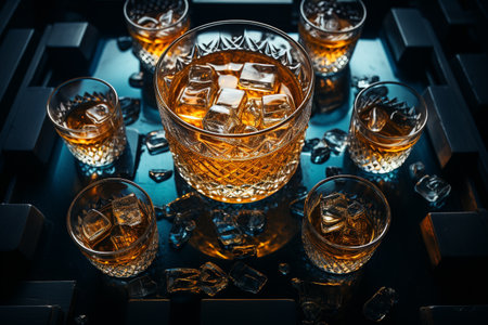 Whiskey, scotch, cognac, brandy, booze ice cube coctail liquor rum drinking high alcohol irish nightclub spirit glass. banner copy space poster background.の素材
