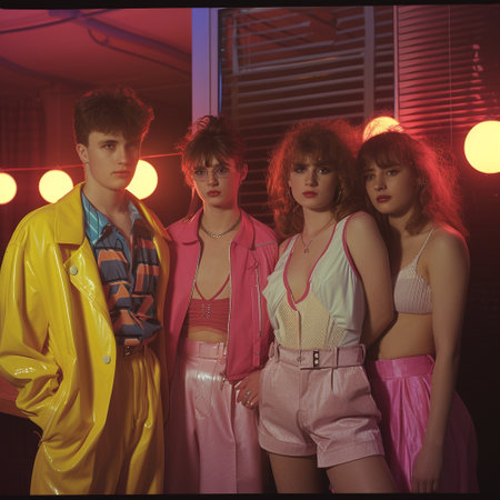 1980s 1990s style. Punk fashion as a reaction to the hippie movement of past decades and against materialistic values of the current decade. Retro, pop, hipster, neon, colorful, nineteenthの素材