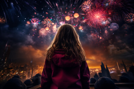 fireworks explosive displays of dazzling lights vibrant colors illuminate the night sky during celebrations and festivities. happy woman man girl boy silhouette banner copy space greeting card posterの素材