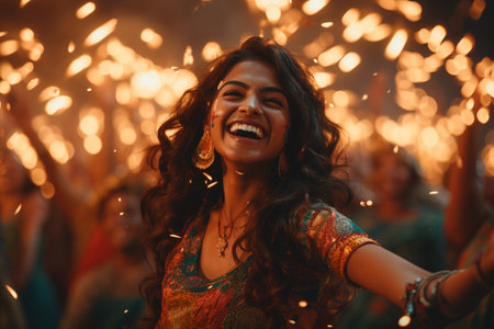 Indian Celebrations Lifestyle, Holika Dahan,Navratri,Gudi padwa, cheerful happy cute pretty funny festive woman man family culture ethnical party laughingの素材