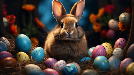 Happy Easter, bunny, rabbit, colored eggs, grass, Christian holiday, the Resurrection of Jesus Christ, traditional decorate cross banner copy space greeting card backgroundの素材