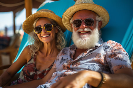 Happy retirees, pensioners. summer vacation holidays beach, ship and sea, cocktails, travel, happy old age, enjoying life. Grandmother and grandfather, grandparentsの素材
