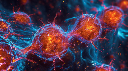 Cancer cell. Oncology research structure mutation, somatic cell of body. genetic predisposition. Neoplasms, cancerous disease, malignant tumor, Danger fear the unknown, biology medicine dna immuneの素材
