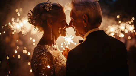 wedding of pensioners, senior elder marriage wedlock cute happy cheerful joyful couple woman man, bride and groom, old age, together, smiling dress suit loveの素材