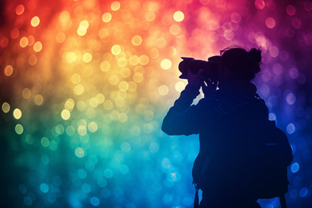 Photographer professional camera hand shot paparazzi media film, technology model focus dynamic pose, colorful joyful happy sunny pretty beautiful deviceの素材