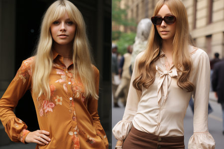 Fashion style of 1960s 1970s years, seventies sixties, elegance pretty cute beautiful retro pop smiling dress glamor, back in past, nostalgia, cool funnyの素材