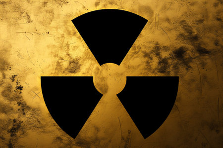 radiation icon, yellow and black, metalic, sign, risk radioactive power dangerous, reactor warning energy, medicine healthの素材