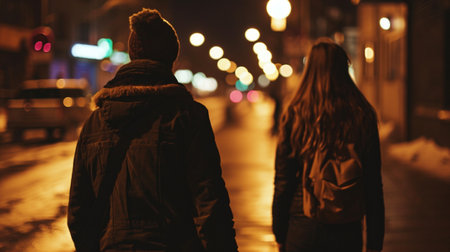Man following woman in dark street, night, stalking, crime, mugger, scary worry violence, city danger silhouette life footsteps two people girl man, afraidの素材