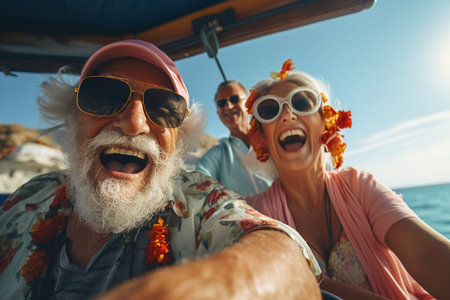 Happy retirees, pensioners. summer vacation holidays beach, ship and sea, cocktails, travel, happy old age, enjoying life. Grandmother and grandfather, grandparentsの素材