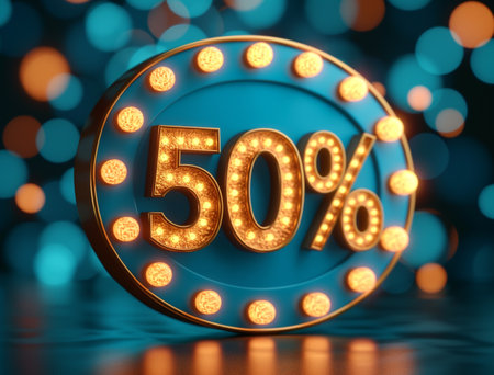 Text 50 fifty percent sale for banner, copy space, background, greeting card, poster, super gold big promo coupon discount, present gift, price, marketingの素材