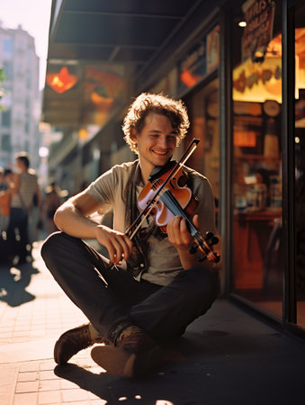 street musicians, play on the outside, in crosswalks, in subway. do either for fun or for money, music creativity cute happy guitar old style vocals melody smilingの素材