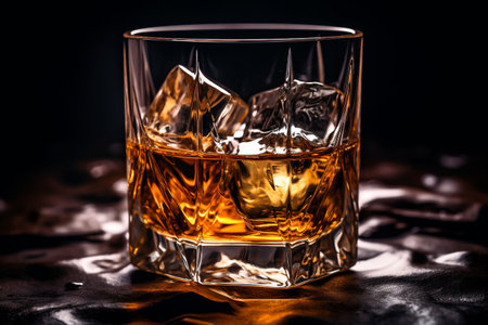 Whiskey, scotch, cognac, brandy, booze ice cube coctail liquor rum drinking high alcohol irish nightclub spirit glass. banner copy space poster background.の素材