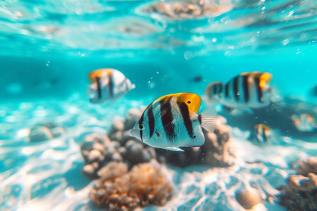 beautiful pretty nice cute funny fish in ocean. sea, aquarium, swimming exotic under depth, colorful biology reef, water salt ecosystem nature flora and faunaの素材