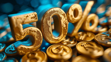 Text 50 fifty percent sale for banner, copy space, background, greeting card, poster, super gold big promo coupon discount, present gift, price, marketingの素材