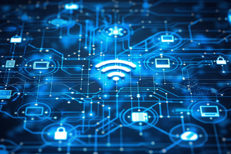Wi-fi networking Internet connection symbol logo, cyber speed hotspot modern space service contact media information banner copy space backgroundの素材