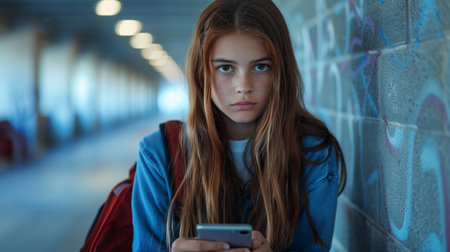 Internet online cyberspace bullying, sad and crying teenager, social media school worried emotion stressed angry upset young technology negative hateの素材