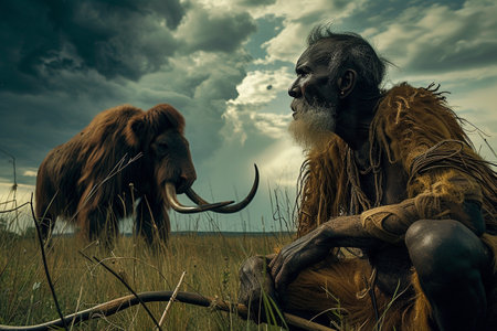 Prehistoric man, evolution science biology, man civilization, homo sapiens ape, stone era period, old hair wild nature, neanderthal, prehistory, monkeyの素材