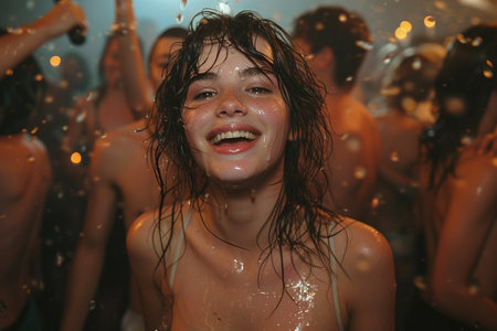 American USA teenagers party, music dance funny night happy froup, atmosphere, enjoyment confetti cheerful youth, African celebrate togetherの素材