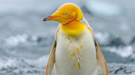 Rare yellow penguin in Antarctica, funny and cute, winter cold snow ocean bird white wild fauna natural life polar arctic north iceberg zooの素材
