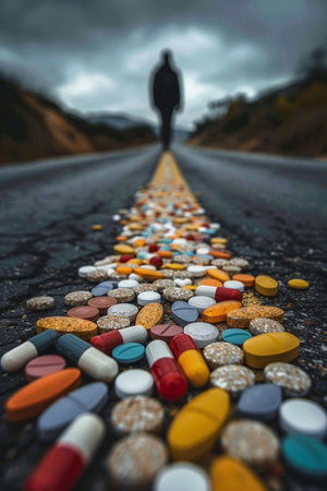 Drug problem addiction. Psychological disorder that leads a person to use drugs excessively. Depression, developmental lags, apathy, withdrawal. Drug dependency, brain damage.の素材