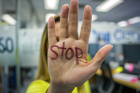 Harassment at work, woman sad angry terrified scared afraid, man, stop no, pressure unhappy male abuse touch hand, flirting bullying uncomfortable jobの素材