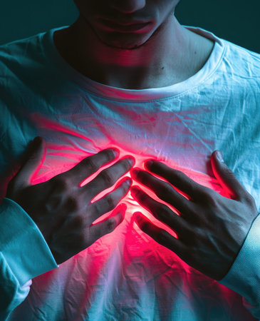 Heart ache, sick, hurt illness pain cardiology chest healthcare medicine, attack pressure disease hand red, stress oldの素材
