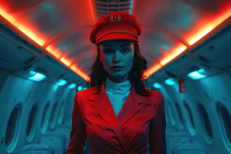 Airline hostess: stewardess, delivering top notch service, passenger needs, and maintaining a calm and efficient cabin environment, essence of aviation customer care.の素材