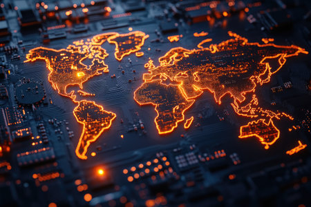 Tech geography: world map crafted from microchips, global interconnectedness in digital age, technology bridges continents and cultures, fusion of innovation and cartography.の素材