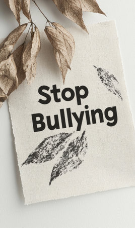 Anti bullying action: text stop bullying, call to end harmful behavior, promote kindness and respect, importance of standing up against intimidation and fostering a safe, supportive environment.の素材